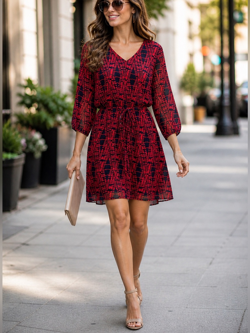 BeBop Dress Medium Red Navy V Neck 3/4 Sleeve Sheer Office Chic Professional